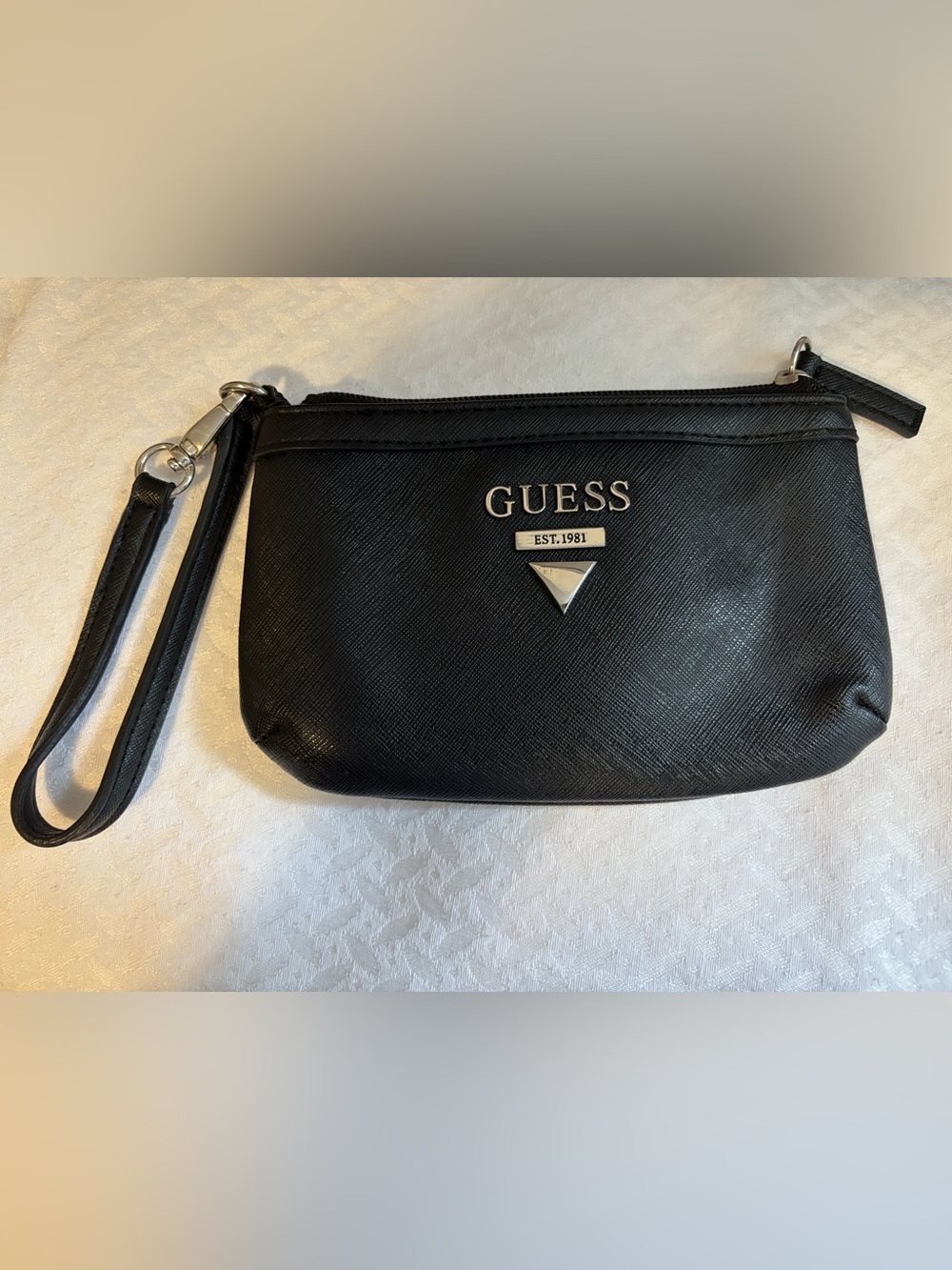 Guess Black Saffiano Wristlet Clutch with Silver Logo